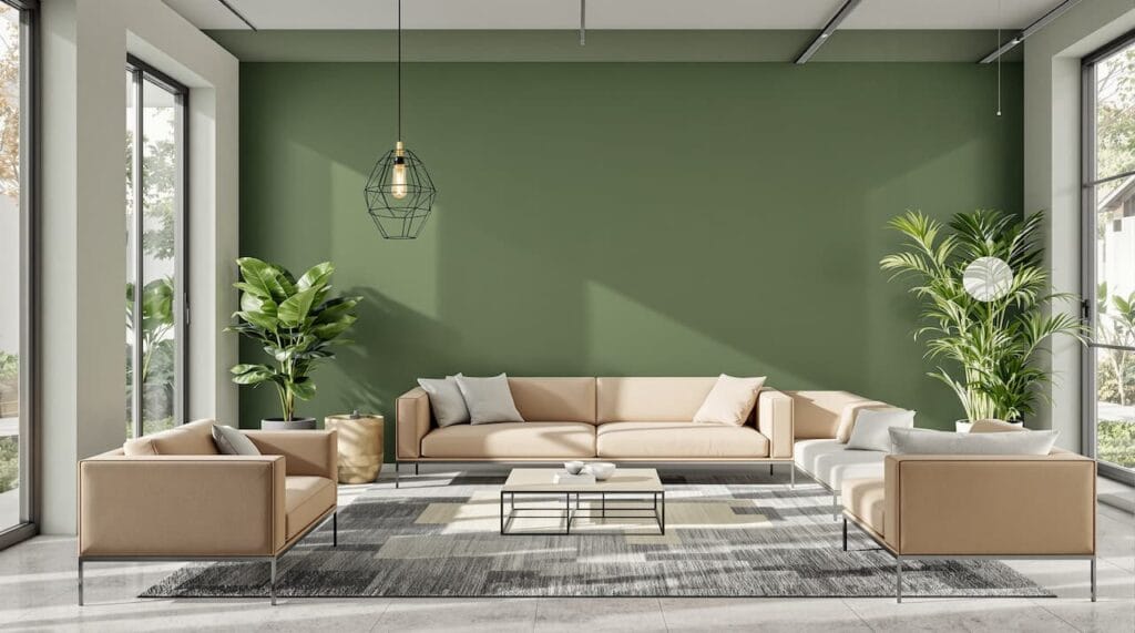 welk kleur past bij groen interieur woonkamer groene muur