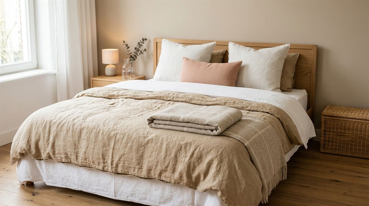 Bed opgemaakt in lagen met linnen, plaid en kussens