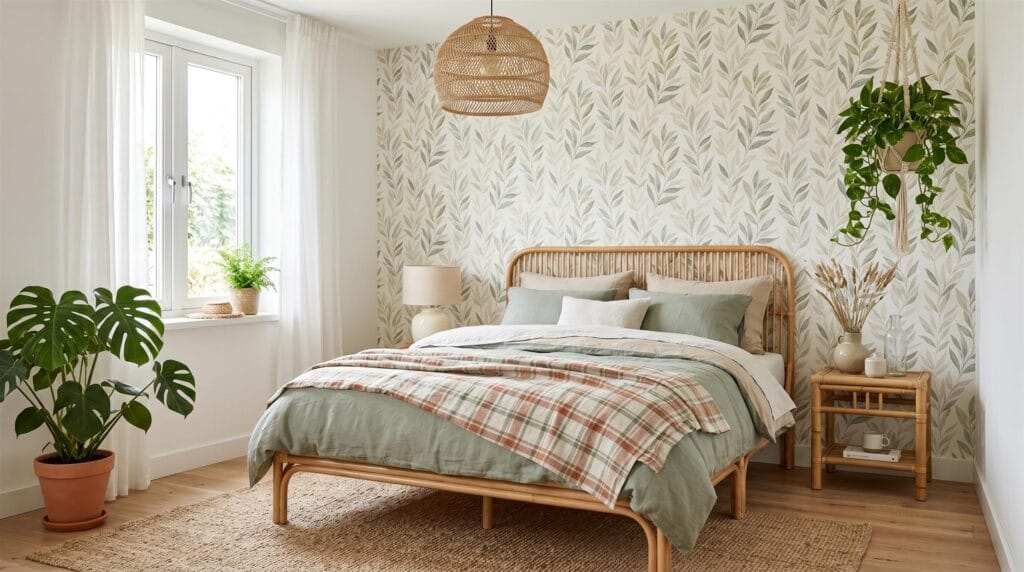 Botanische slaapkamer met rotan bed, bladerbehang, monstera en hangplant