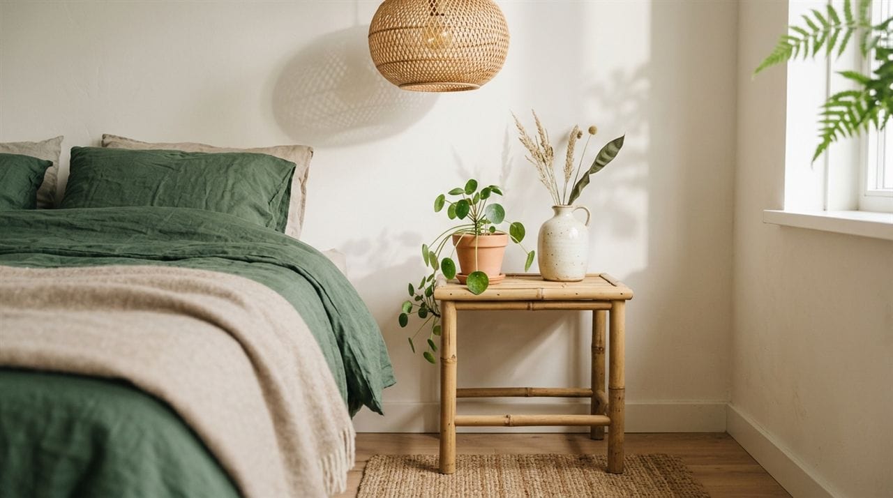 Bamboe nachtkastje met hangplant in botanische slaapkamer