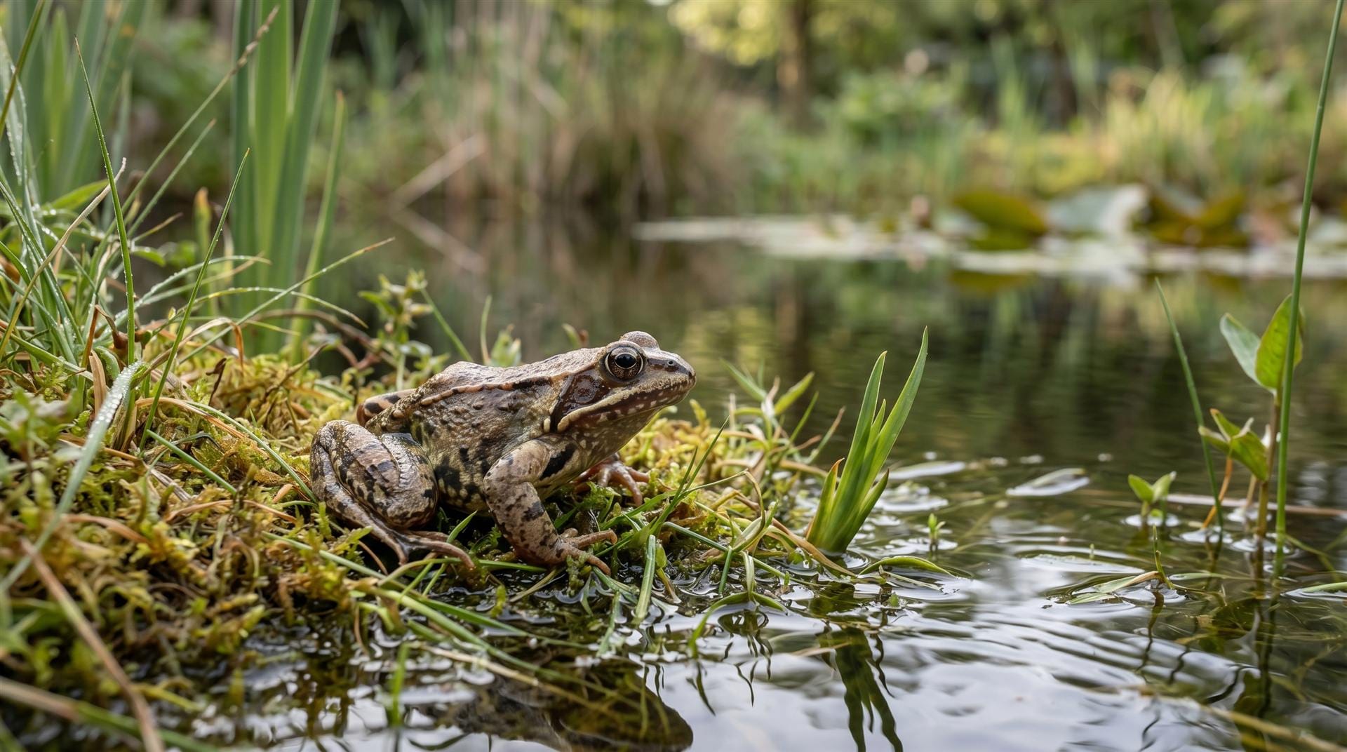 Bruine kikker aan de rand van een tuinvijver
