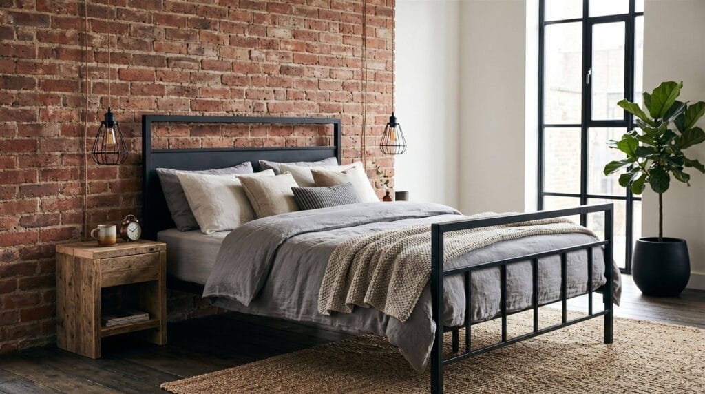 Industriele slaapkamer met zwart stalen bedframe, bakstenen accentwand, kooi-hanglampen en steigerhouten nachtkastje