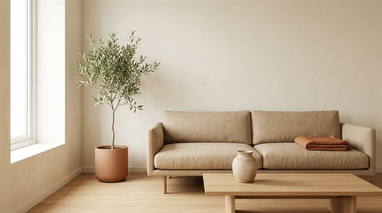 Japandi woonkamer met beige linnen bank, lichte eiken vloer en een olijfboom in een terracotta pot bij zacht daglicht