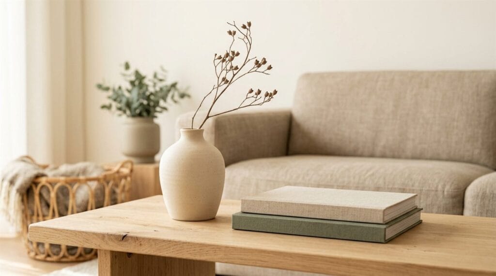 Lage eiken salontafel met handgemaakte keramieken vaas en linnen boeken in een Japandi woonkamer