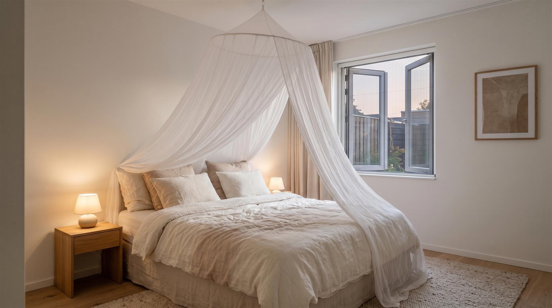 Slaapkamer met klamboe boven het bed en een hor in het open raam, de beste bescherming tegen muggen
