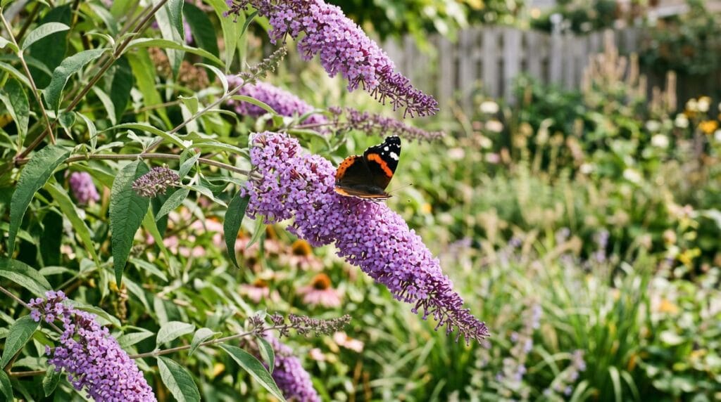 Paarse vlinderstruik in bloei met een atalanta-vlinder in een tuin