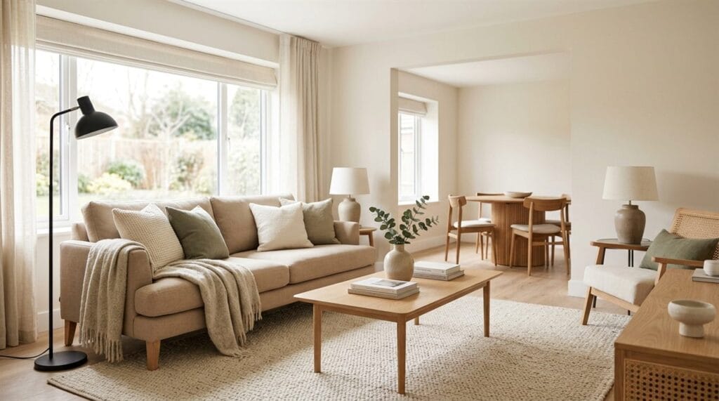 Sfeervol ingerichte woonkamer met beige bank, eiken salontafel, wollen vloerkleed, gelaagde verlichting en eethoek op de achtergrond
