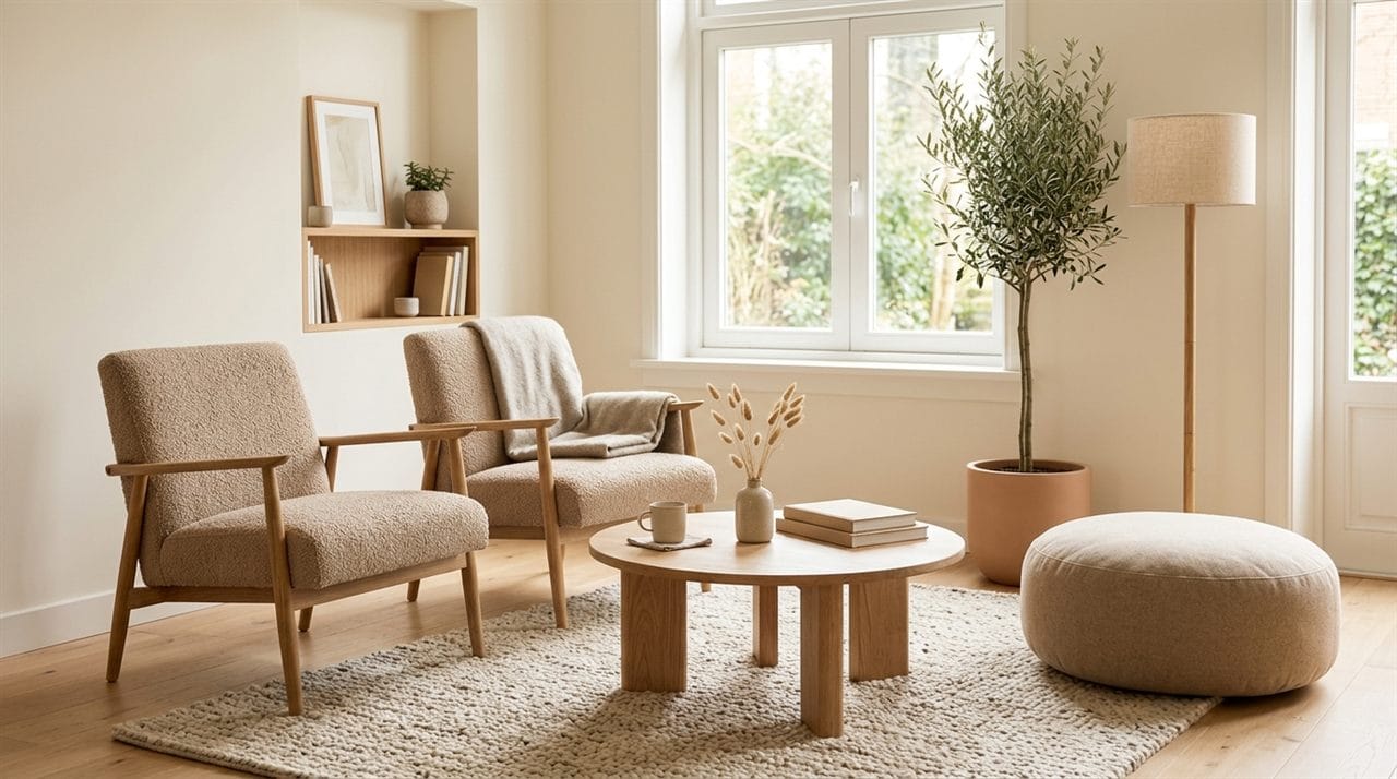 Woonkamer zonder bank met twee beige boucle loungestoelen, ronde eiken salontafel en een poef rond een wollen vloerkleed